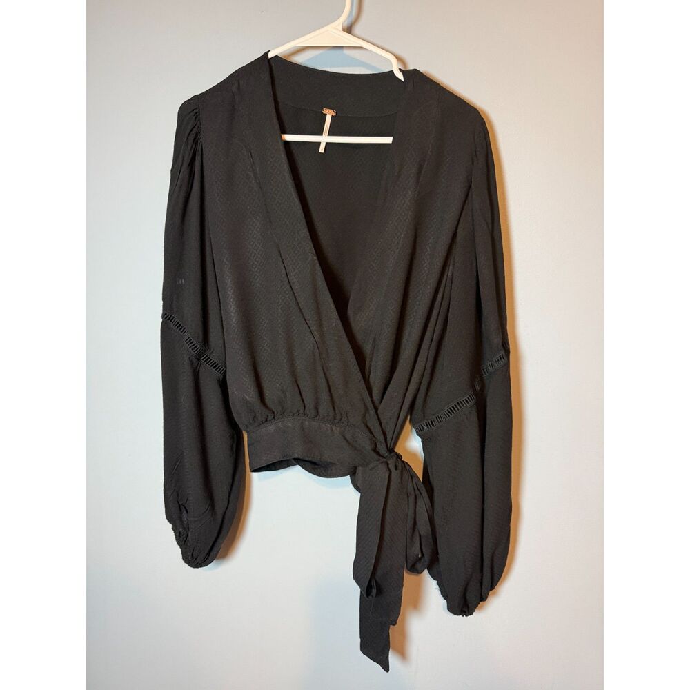 Free People Dream Girl Black Balloon Sleeve Jacquard Wrap Top